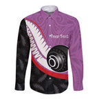 Personalised Aotearoa Lawn Bowls Long Sleeve Button Shirt Maori and Silver Fern Sporty Style Pink Color - Aussie Hoodie