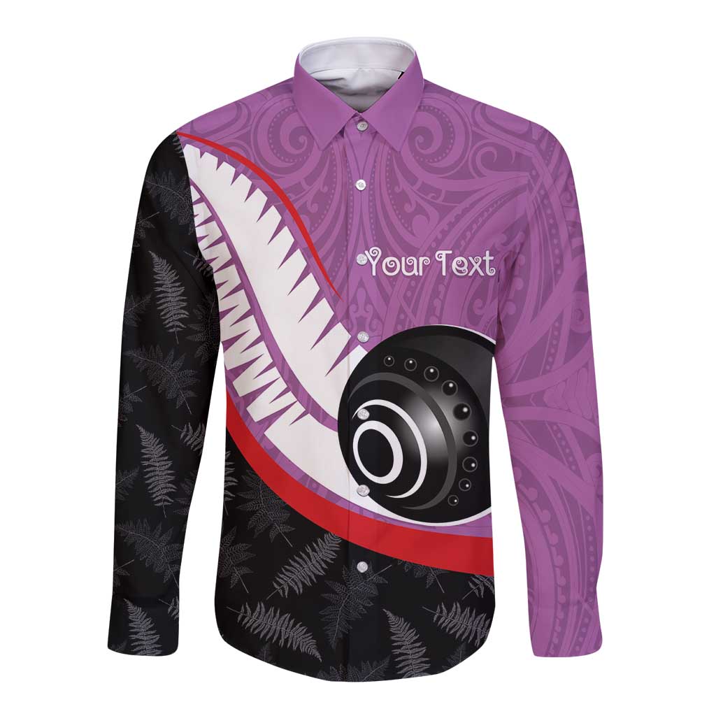 Personalised Aotearoa Lawn Bowls Long Sleeve Button Shirt Maori and Silver Fern Sporty Style Pink Color - Aussie Hoodie