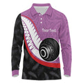 Personalised Aotearoa Lawn Bowls Long Sleeve Polo Shirt Maori and Silver Fern Sporty Style Pink Color - Aussie Hoodie