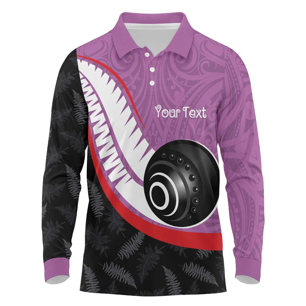 Personalised Aotearoa Lawn Bowls Long Sleeve Polo Shirt Maori and Silver Fern Sporty Style Pink Color - Aussie Hoodie