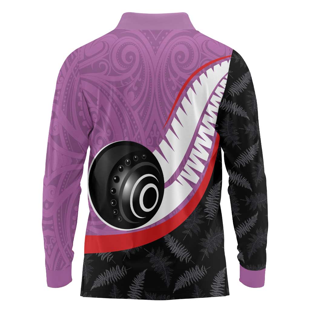 Personalised Aotearoa Lawn Bowls Long Sleeve Polo Shirt Maori and Silver Fern Sporty Style Pink Color - Aussie Hoodie