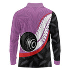 Personalised Aotearoa Lawn Bowls Long Sleeve Polo Shirt Maori and Silver Fern Sporty Style Pink Color - Aussie Hoodie