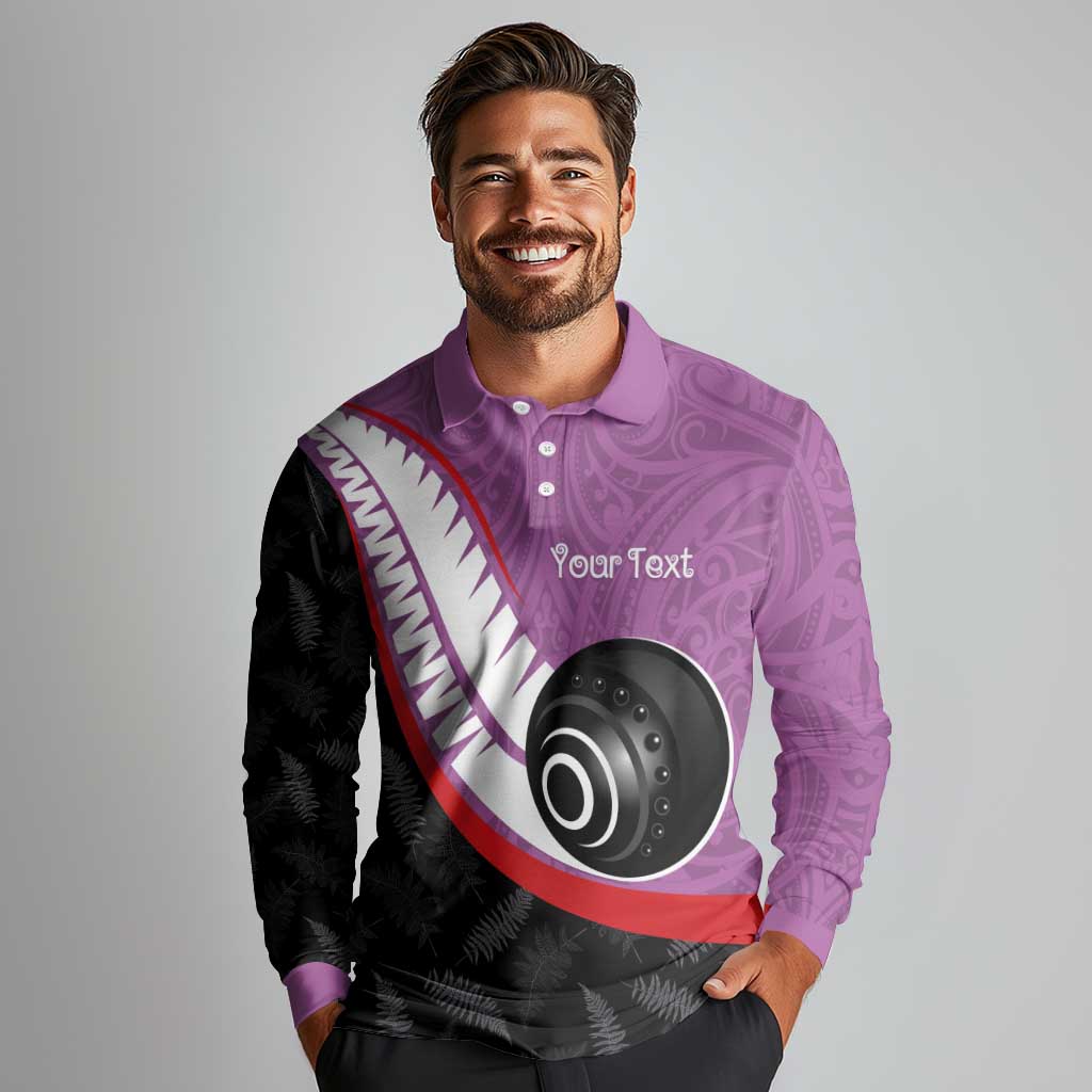 Personalised Aotearoa Lawn Bowls Long Sleeve Polo Shirt Maori and Silver Fern Sporty Style Pink Color - Aussie Hoodie