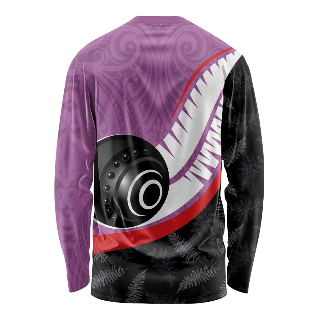 Personalised Aotearoa Lawn Bowls Long Sleeve Shirt Maori and Silver Fern Sporty Style Pink Color - Aussie Hoodie