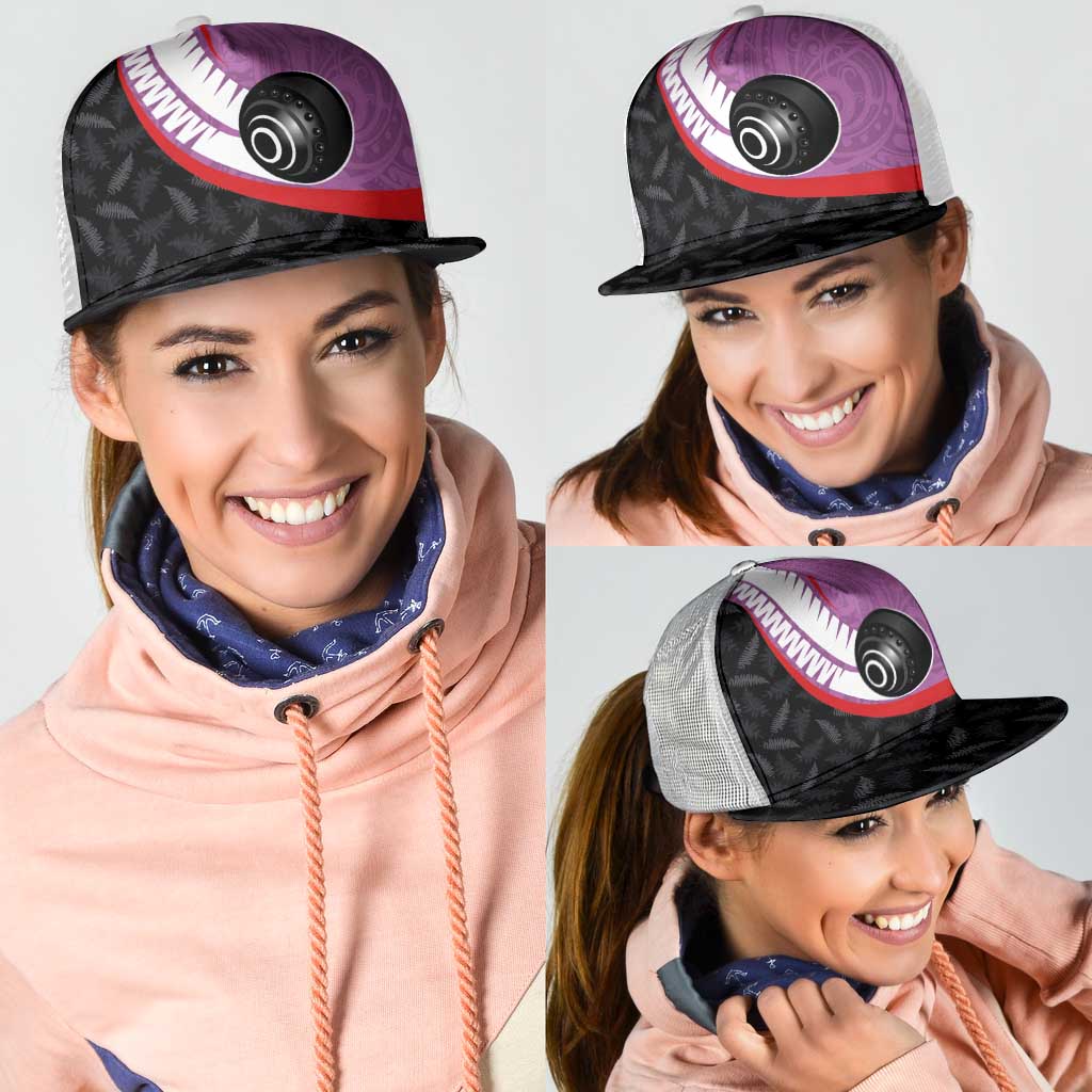 Aotearoa Lawn Bowls Mesh Trucker Cap Maori and Silver Fern Sporty Style Pink Color - Aussie Hoodie
