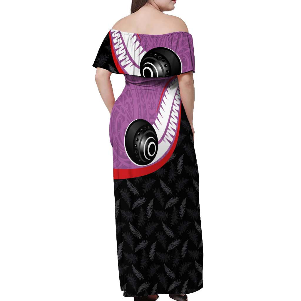 Personalised Aotearoa Lawn Bowls Off Shoulder Maxi Dress Maori and Silver Fern Sporty Style Pink Color - Aussie Hoodie