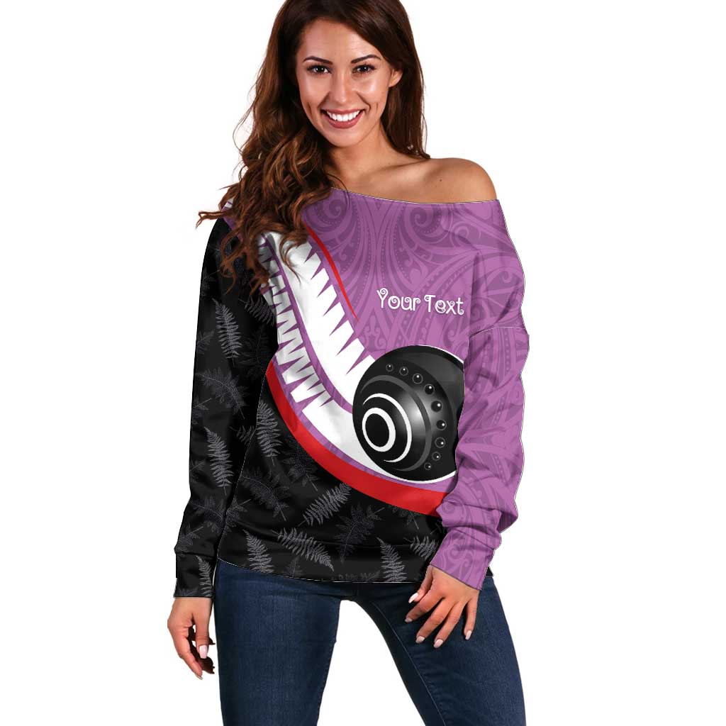 Personalised Aotearoa Lawn Bowls Off Shoulder Sweater Maori and Silver Fern Sporty Style Pink Color - Aussie Hoodie