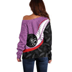Personalised Aotearoa Lawn Bowls Off Shoulder Sweater Maori and Silver Fern Sporty Style Pink Color - Aussie Hoodie