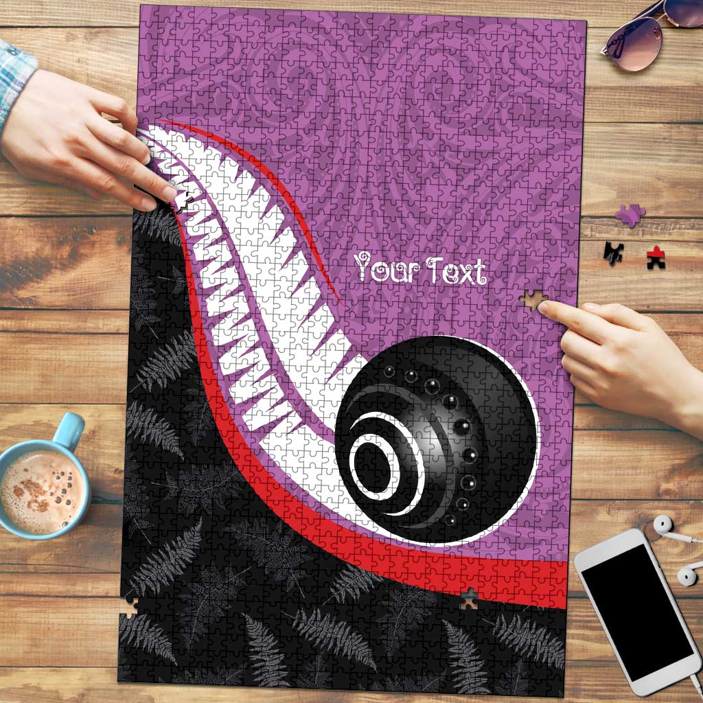Personalised Aotearoa Lawn Bowls Puzzle Maori and Silver Fern Sporty Style Pink Color - Aussie Hoodie