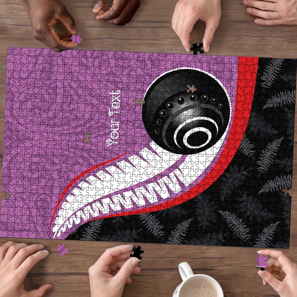Personalised Aotearoa Lawn Bowls Puzzle Maori and Silver Fern Sporty Style Pink Color - Aussie Hoodie
