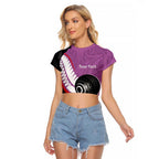 Personalised Aotearoa Lawn Bowls Raglan Cropped T Shirt Maori and Silver Fern Sporty Style Pink Color - Aussie Hoodie