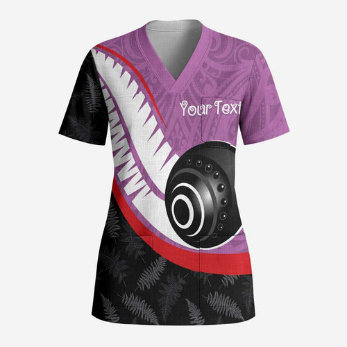 Personalised Aotearoa Lawn Bowls Scrub Top Maori and Silver Fern Sporty Style Pink Color - Aussie Hoodie