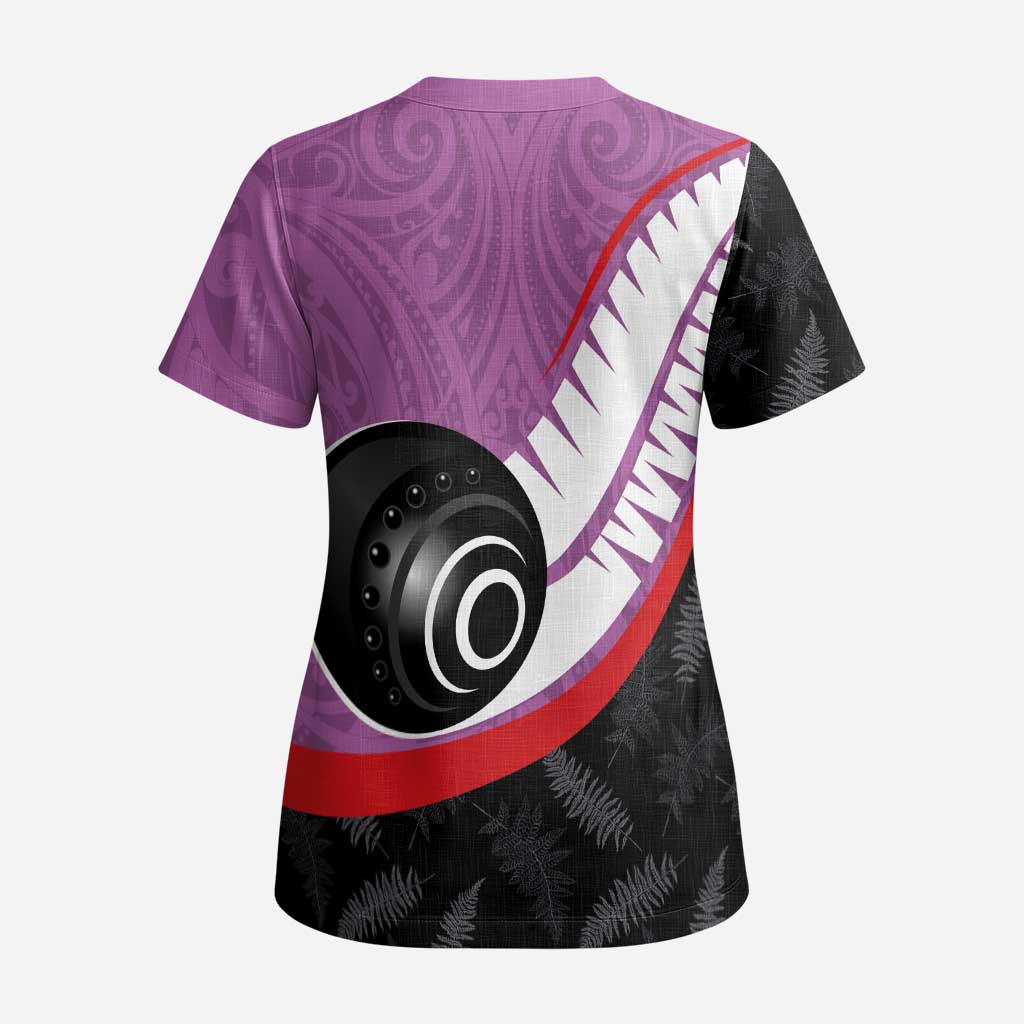 Personalised Aotearoa Lawn Bowls Scrub Top Maori and Silver Fern Sporty Style Pink Color - Aussie Hoodie