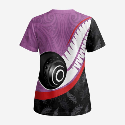 Personalised Aotearoa Lawn Bowls Scrub Top Maori and Silver Fern Sporty Style Pink Color - Aussie Hoodie