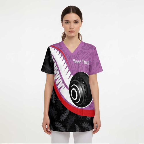 Personalised Aotearoa Lawn Bowls Scrub Top Maori and Silver Fern Sporty Style Pink Color - Aussie Hoodie