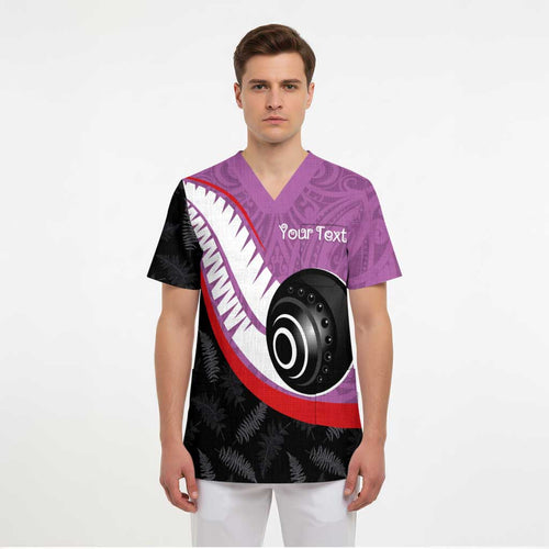 Personalised Aotearoa Lawn Bowls Scrub Top Maori and Silver Fern Sporty Style Pink Color - Aussie Hoodie