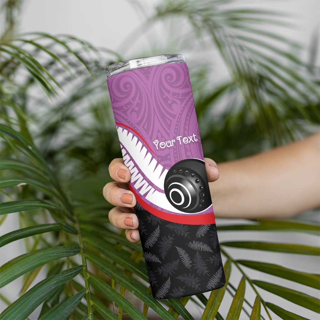 Personalised Aotearoa Lawn Bowls Skinny Tumbler Maori and Silver Fern Sporty Style Pink Color - Aussie Hoodie