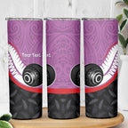 Personalised Aotearoa Lawn Bowls Skinny Tumbler Maori and Silver Fern Sporty Style Pink Color - Aussie Hoodie