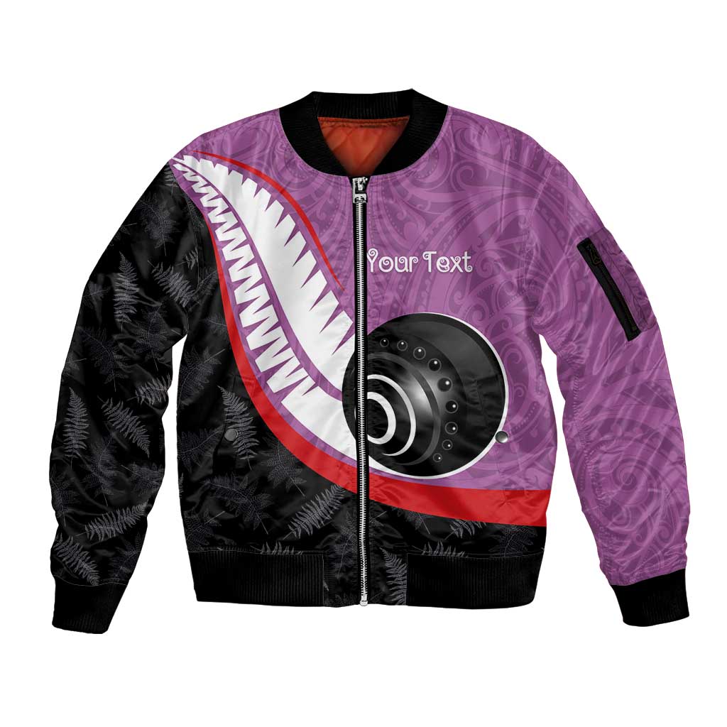 Personalised Aotearoa Lawn Bowls Sleeve Zip Bomber Jacket Maori and Silver Fern Sporty Style Pink Color - Aussie Hoodie