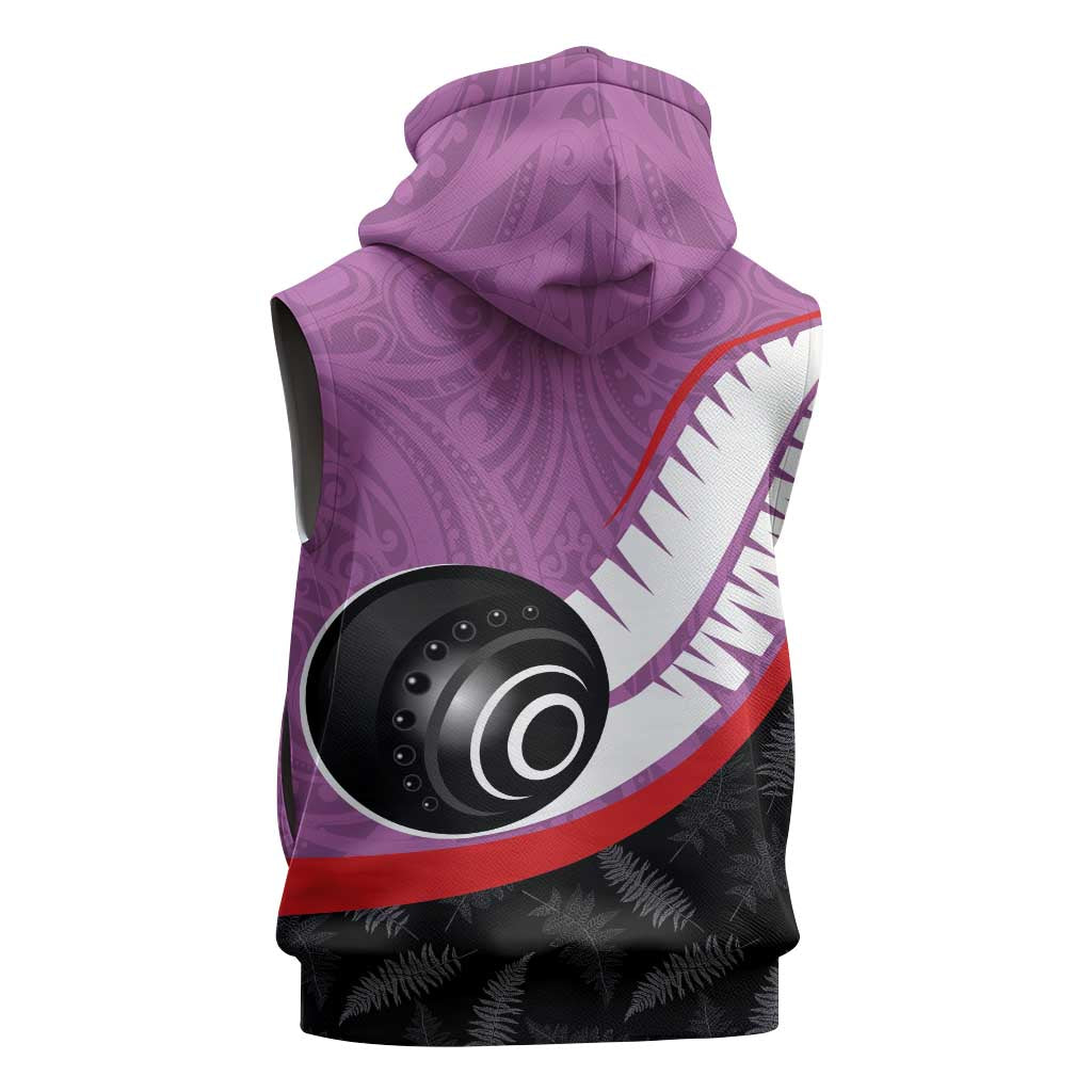 Personalised Aotearoa Lawn Bowls Sleeveless Hoodie Maori and Silver Fern Sporty Style Pink Color - Aussie Hoodie