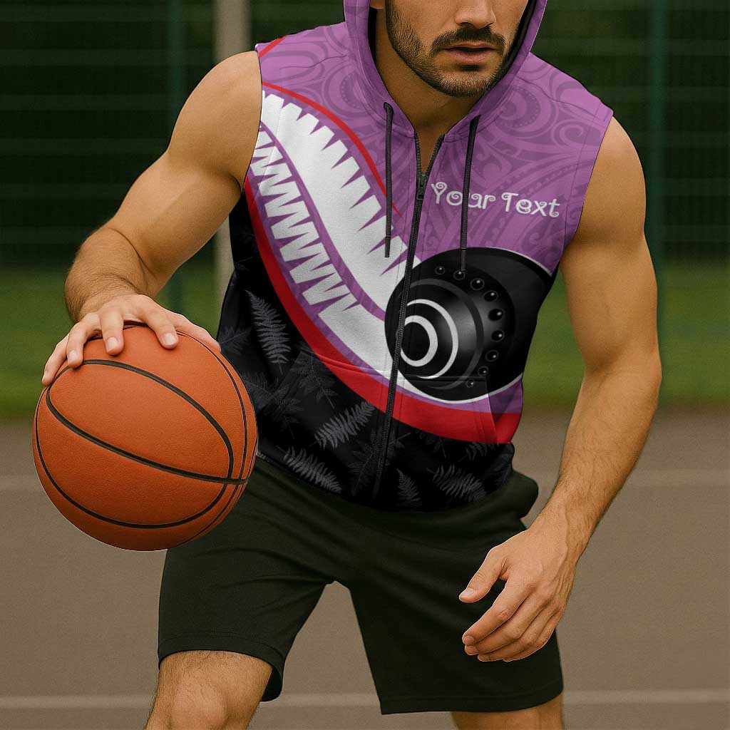 Personalised Aotearoa Lawn Bowls Sleeveless Zip Hoodie Maori and Silver Fern Sporty Style Pink Color - Aussie Hoodie
