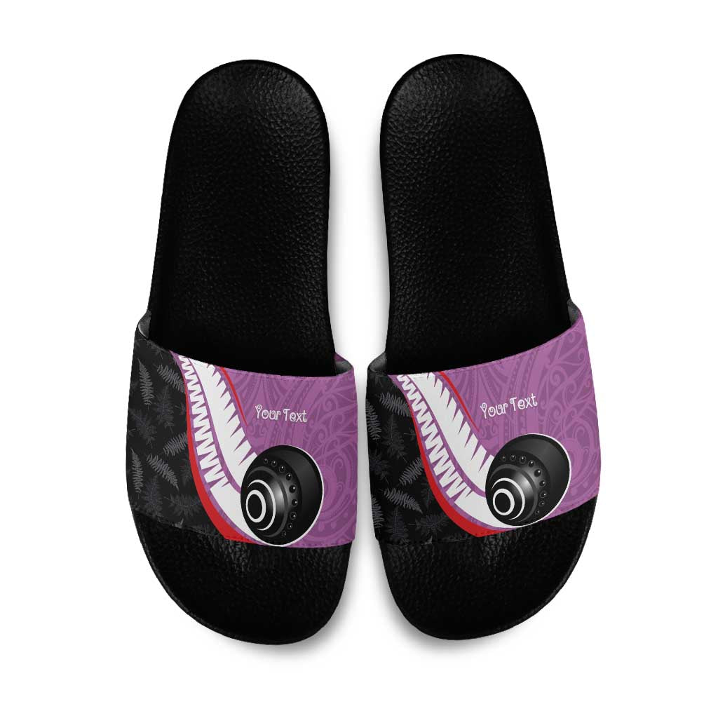 Personalised Aotearoa Lawn Bowls Slide Sandals Maori and Silver Fern Sporty Style Pink Color - Aussie Hoodie