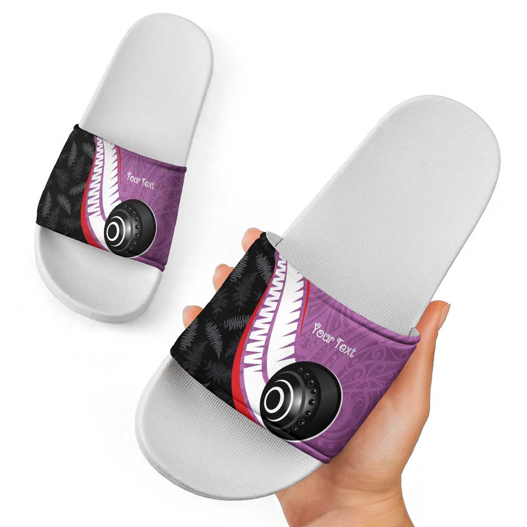 Personalised Aotearoa Lawn Bowls Slide Sandals Maori and Silver Fern Sporty Style Pink Color - Aussie Hoodie