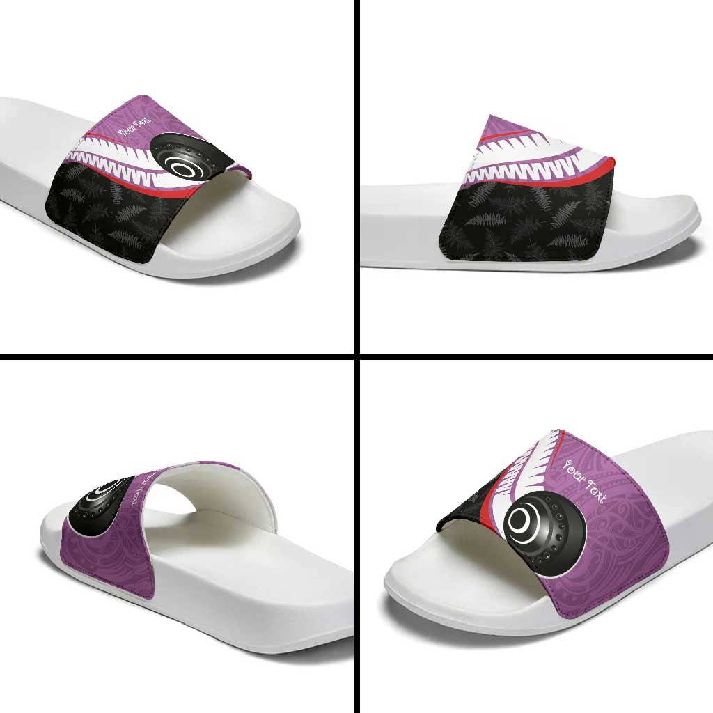 Personalised Aotearoa Lawn Bowls Slide Sandals Maori and Silver Fern Sporty Style Pink Color - Aussie Hoodie