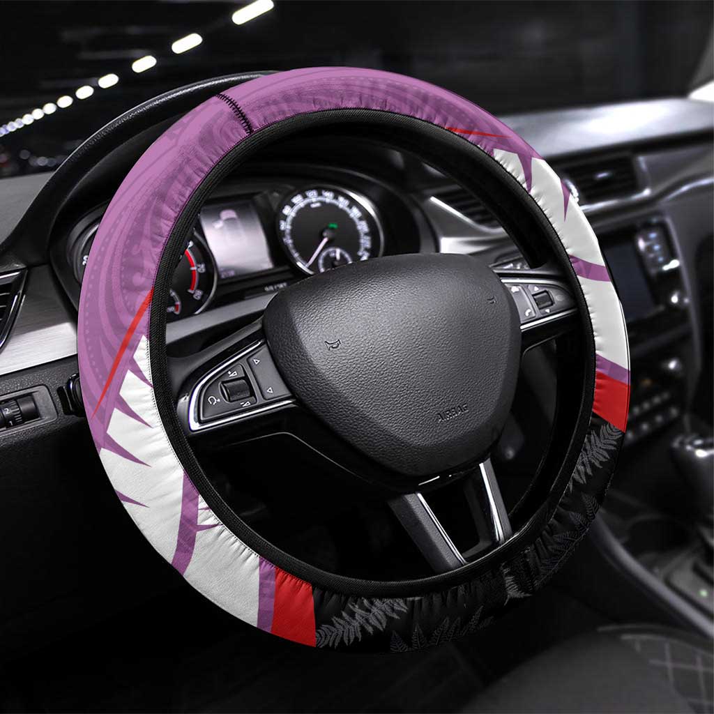 Aotearoa Lawn Bowls Steering Wheel Cover Maori and Silver Fern Sporty Style Pink Color - Aussie Hoodie