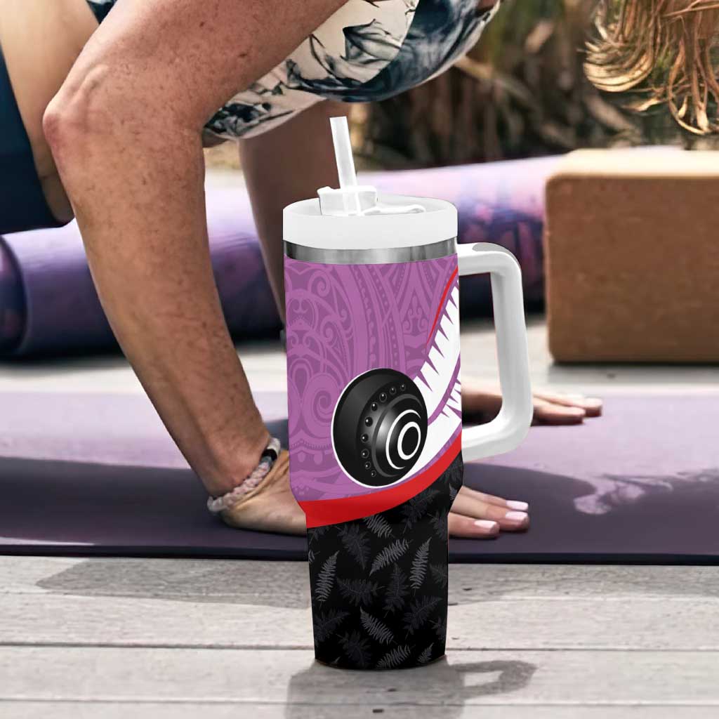 Personalised Aotearoa Lawn Bowls Tumbler With Handle Maori and Silver Fern Sporty Style Pink Color - Aussie Hoodie