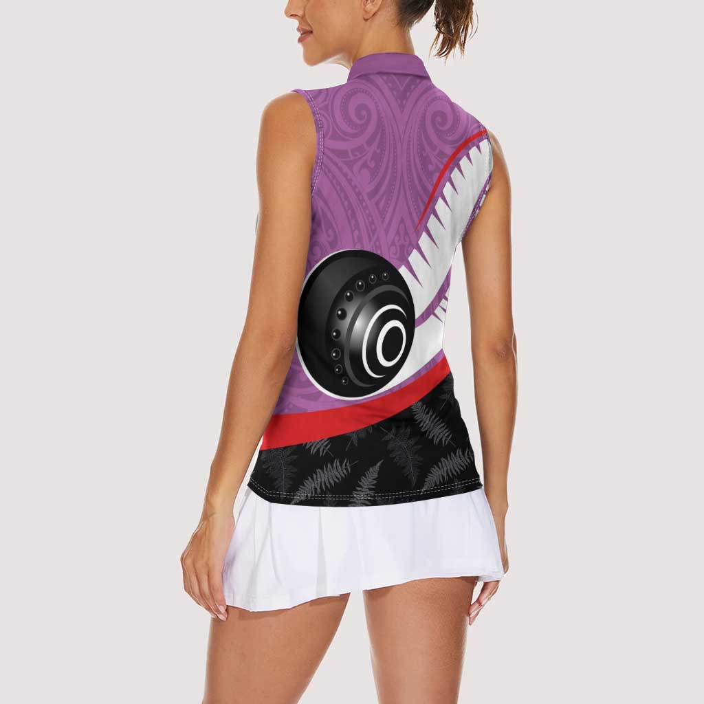 Personalised Aotearoa Lawn Bowls Women Sleeveless Polo Shirt Maori and Silver Fern Sporty Style Pink Color - Aussie Hoodie