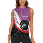 Personalised Aotearoa Lawn Bowls Women Sleeveless Polo Shirt Maori and Silver Fern Sporty Style Pink Color - Aussie Hoodie