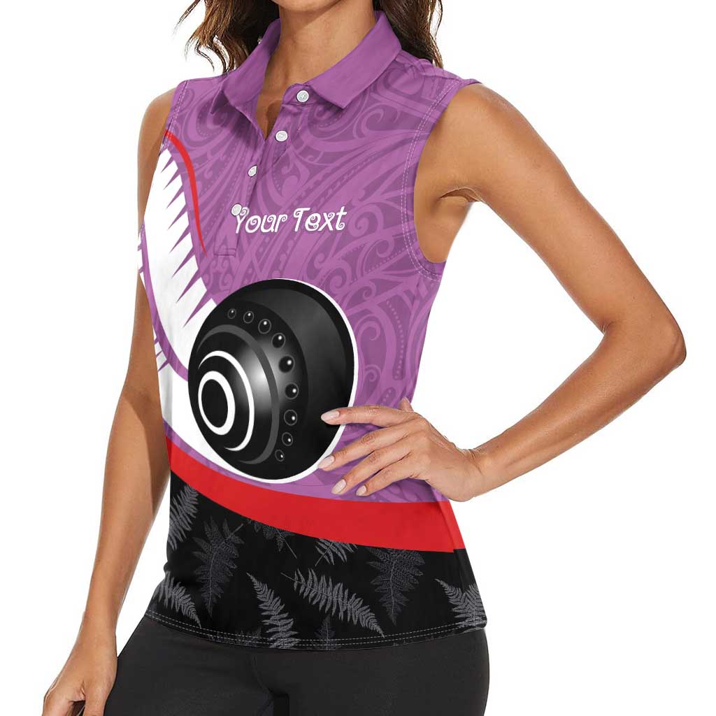 Personalised Aotearoa Lawn Bowls Women Sleeveless Polo Shirt Maori and Silver Fern Sporty Style Pink Color - Aussie Hoodie