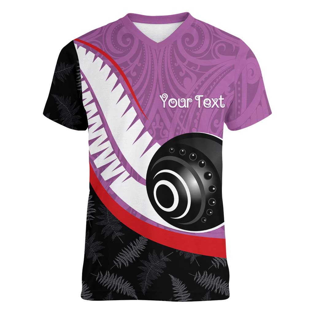 Personalised Aotearoa Lawn Bowls Women V-Neck T-Shirt Maori and Silver Fern Sporty Style Pink Color - Aussie Hoodie