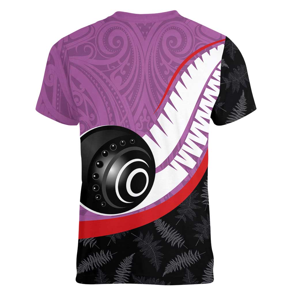 Personalised Aotearoa Lawn Bowls Women V-Neck T-Shirt Maori and Silver Fern Sporty Style Pink Color - Aussie Hoodie