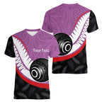 Personalised Aotearoa Lawn Bowls Women V-Neck T-Shirt Maori and Silver Fern Sporty Style Pink Color - Aussie Hoodie