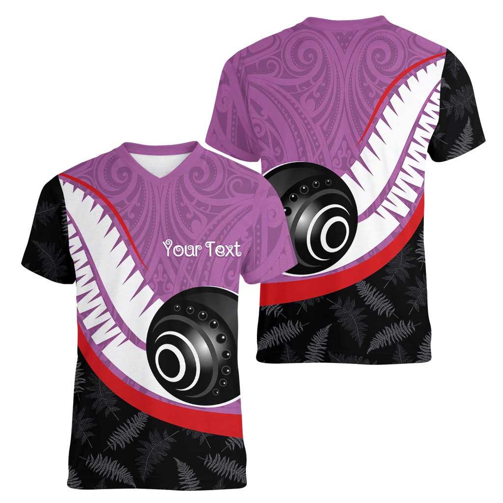 Personalised Aotearoa Lawn Bowls Women V-Neck T-Shirt Maori and Silver Fern Sporty Style Pink Color - Aussie Hoodie