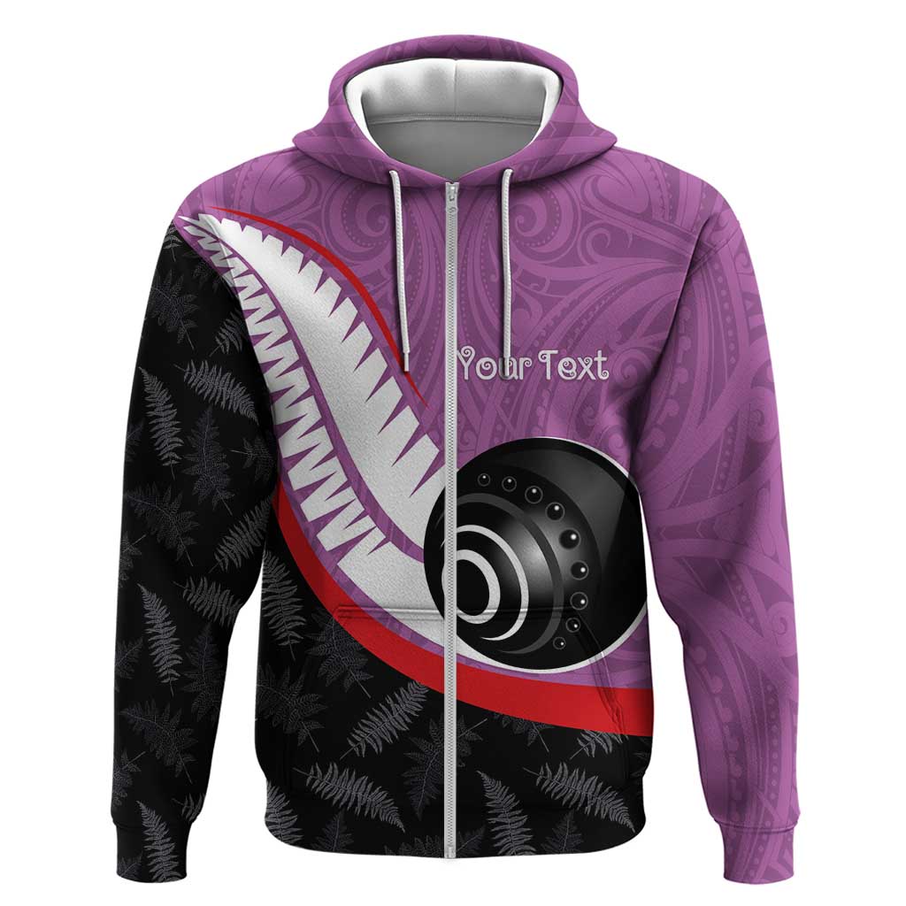 Personalised Aotearoa Lawn Bowls Zip Hoodie Maori and Silver Fern Sporty Style Pink Color - Aussie Hoodie