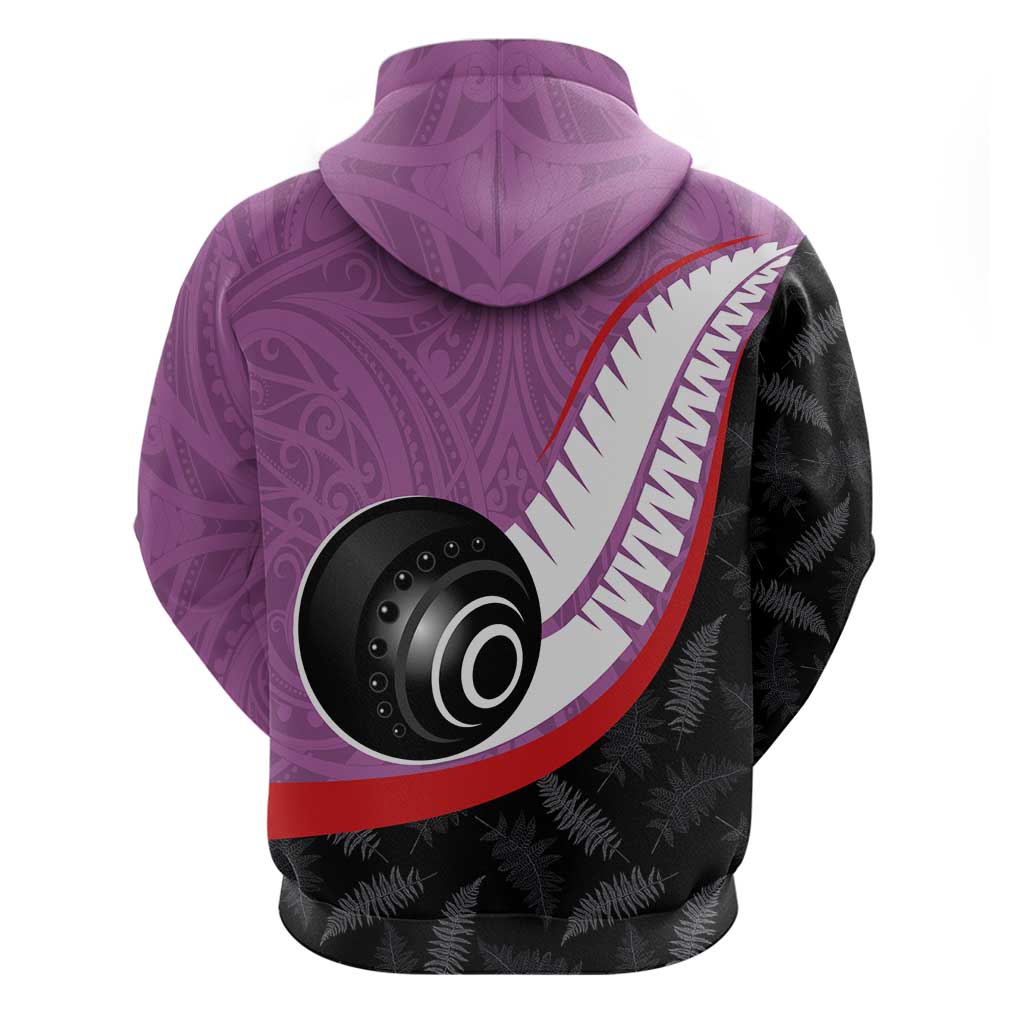 Personalised Aotearoa Lawn Bowls Zip Hoodie Maori and Silver Fern Sporty Style Pink Color - Aussie Hoodie