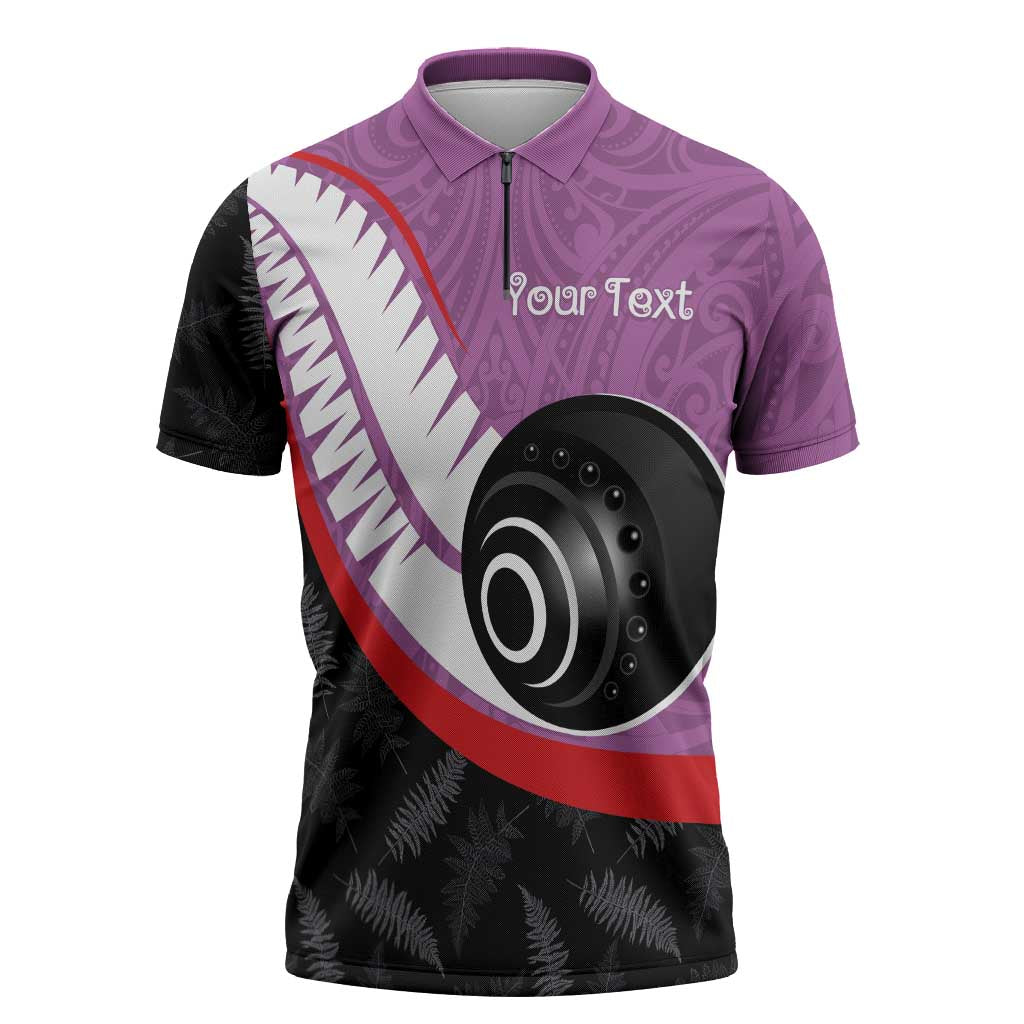 Personalised Aotearoa Lawn Bowls Zipper Polo Shirt Maori and Silver Fern Sporty Style Pink Color - Aussie Hoodie