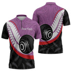 Personalised Aotearoa Lawn Bowls Zipper Polo Shirt Maori and Silver Fern Sporty Style Pink Color - Aussie Hoodie