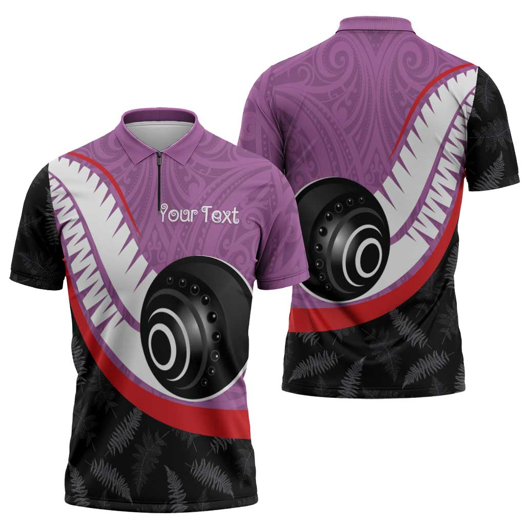 Personalised Aotearoa Lawn Bowls Zipper Polo Shirt Maori and Silver Fern Sporty Style Pink Color - Aussie Hoodie