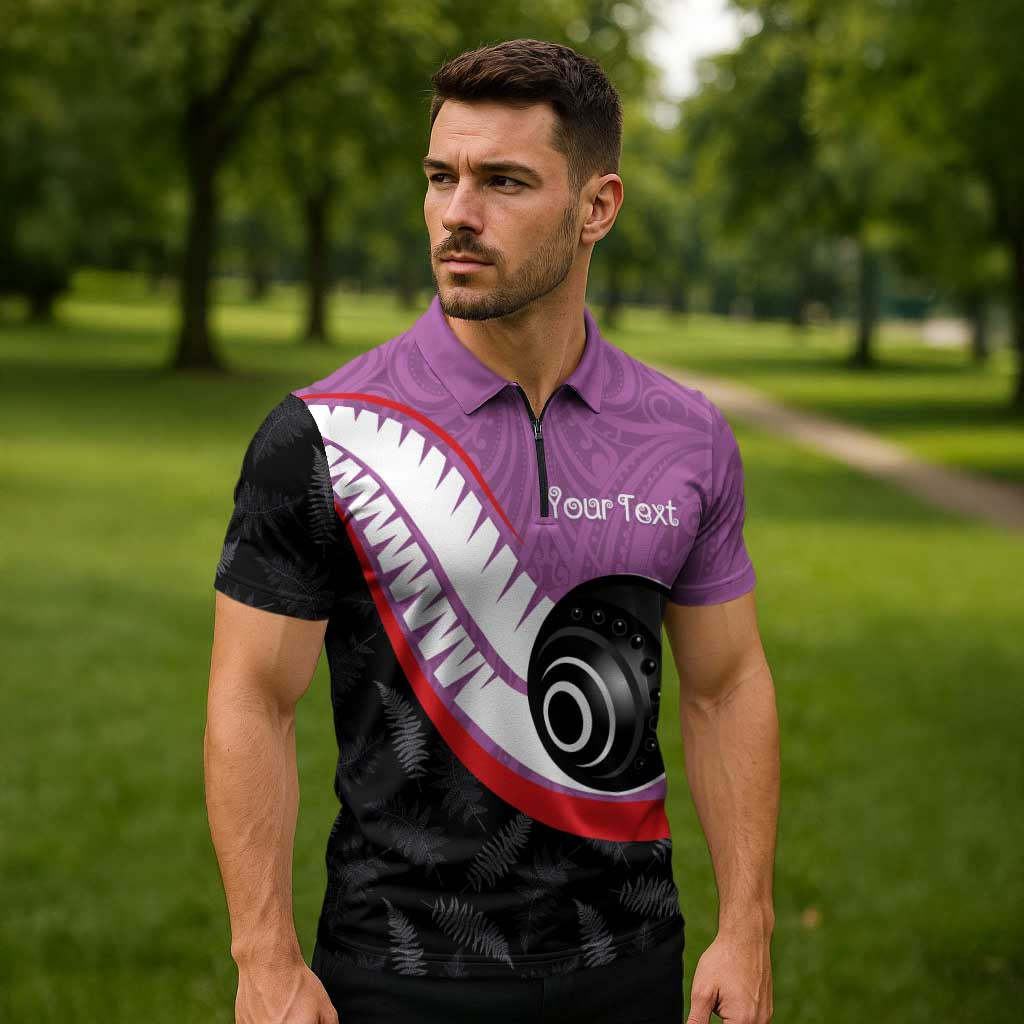 Personalised Aotearoa Lawn Bowls Zipper Polo Shirt Maori and Silver Fern Sporty Style Pink Color - Aussie Hoodie