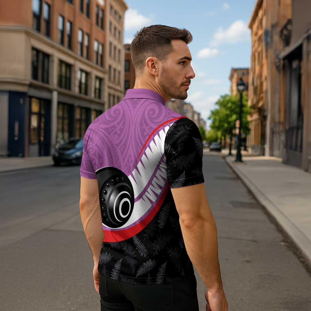 Personalised Aotearoa Lawn Bowls Zipper Polo Shirt Maori and Silver Fern Sporty Style Pink Color - Aussie Hoodie