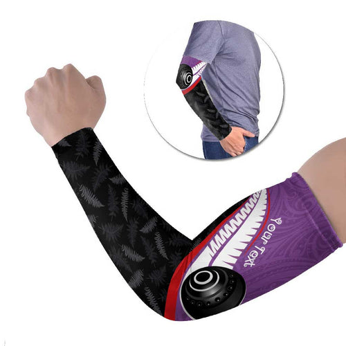 Personalised Aotearoa Lawn Bowls Arm Sleeves Maori and Silver Fern Sporty Style Purple Color - Aussie Hoodie