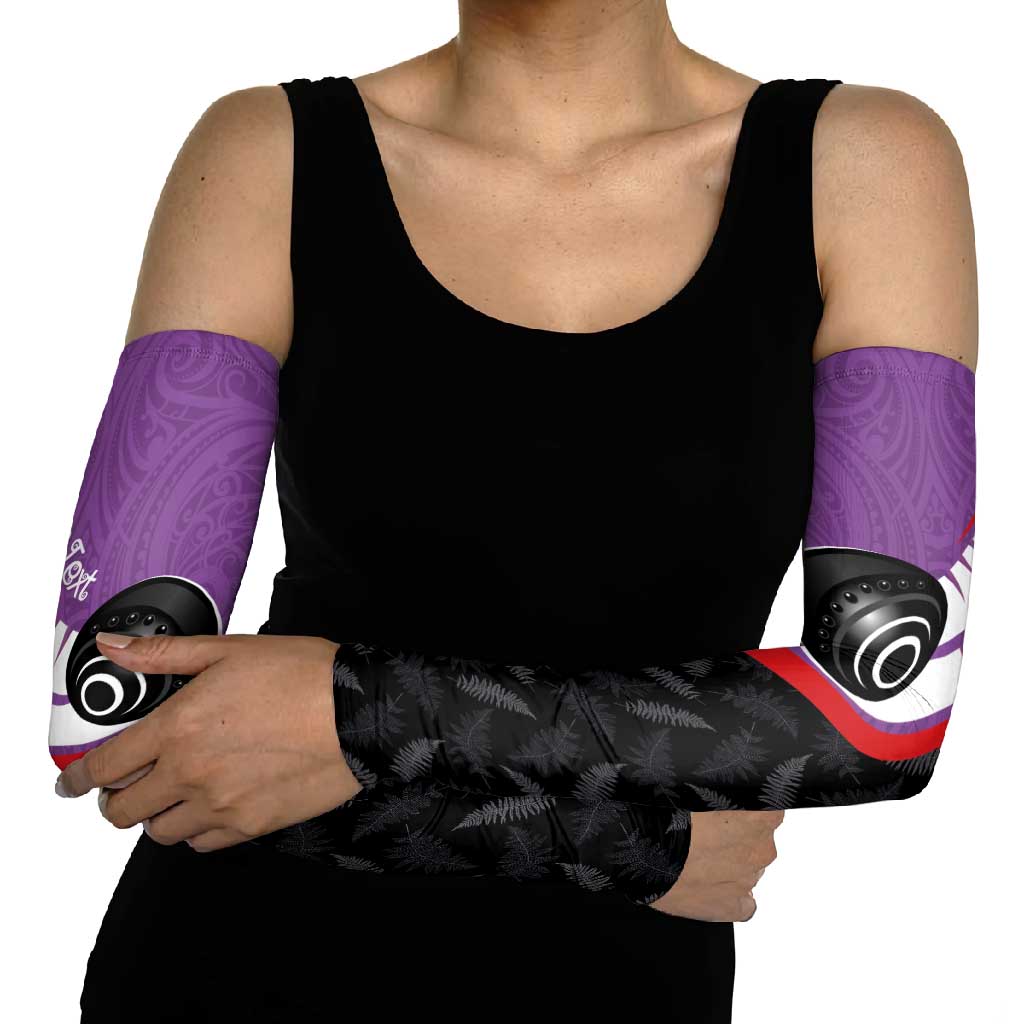 Personalised Aotearoa Lawn Bowls Arm Sleeves Maori and Silver Fern Sporty Style Purple Color - Aussie Hoodie