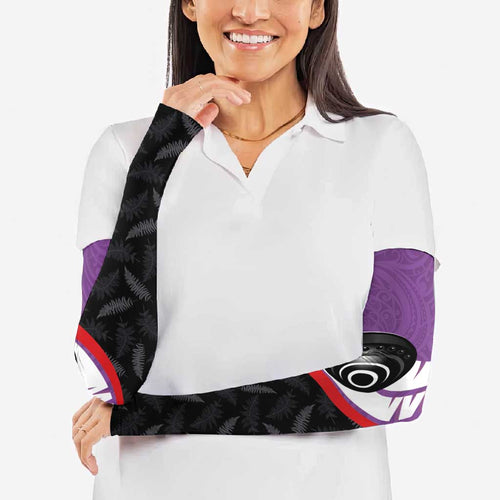 Personalised Aotearoa Lawn Bowls Arm Sleeves Maori and Silver Fern Sporty Style Purple Color - Aussie Hoodie