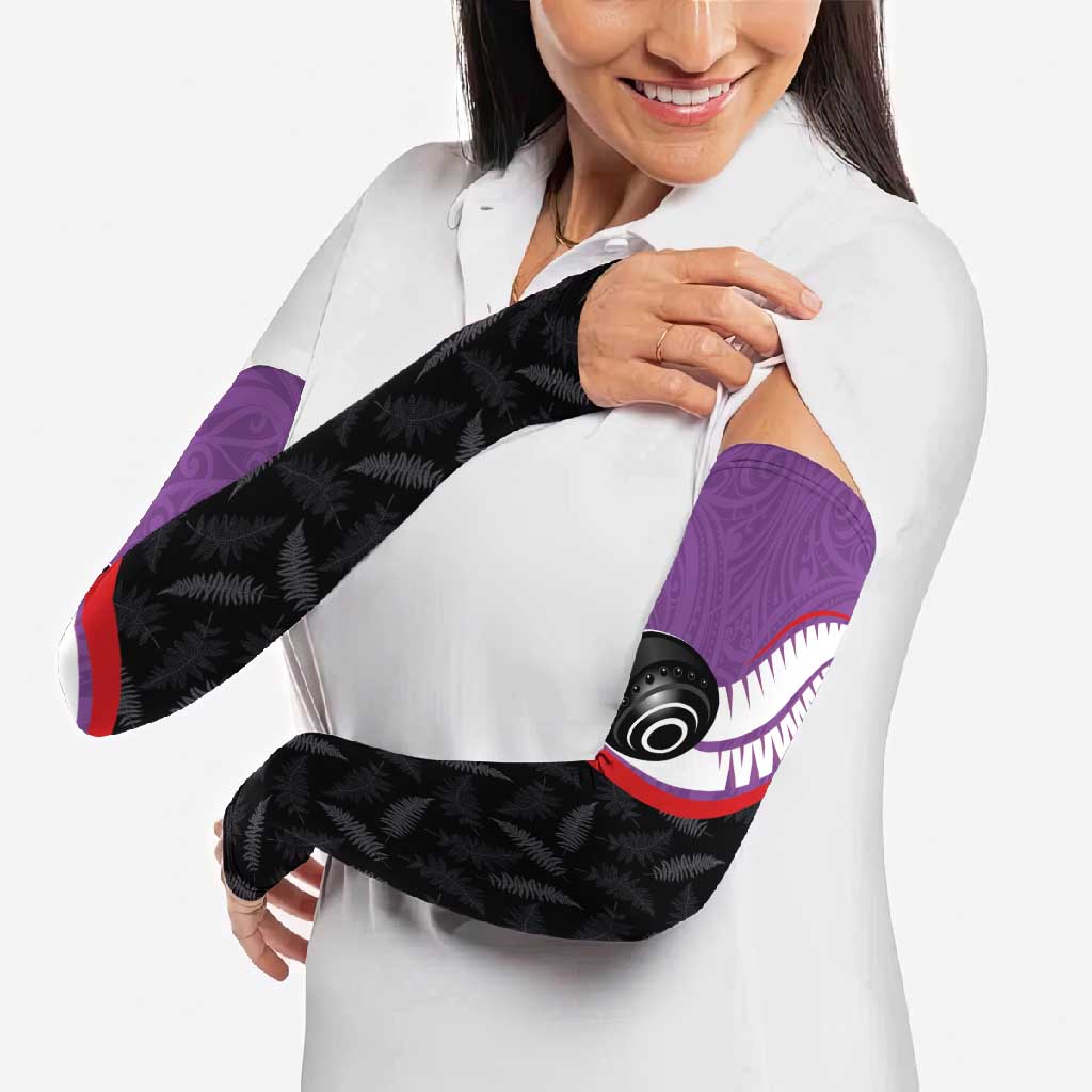 Personalised Aotearoa Lawn Bowls Arm Sleeves Maori and Silver Fern Sporty Style Purple Color - Aussie Hoodie