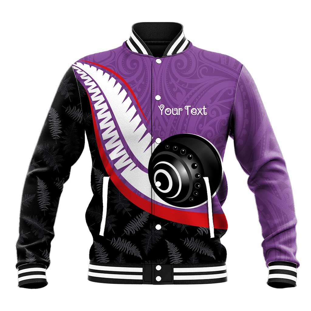 Personalised Aotearoa Lawn Bowls Baseball Jacket Maori and Silver Fern Sporty Style Purple Color - Aussie Hoodie