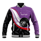Personalised Aotearoa Lawn Bowls Baseball Jacket Maori and Silver Fern Sporty Style Purple Color - Aussie Hoodie